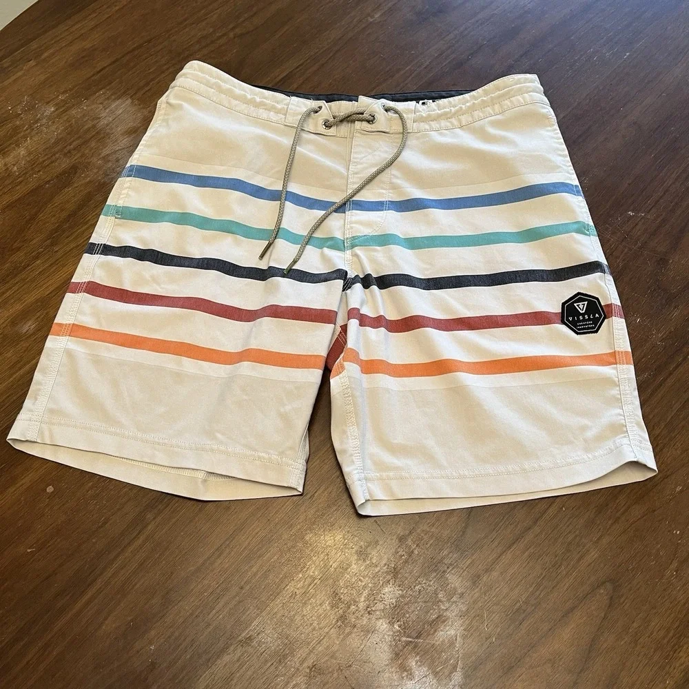 Vissla Board Shorts Mens 33 Beige Striped Upcycled Coconut Stretch M103ULOW